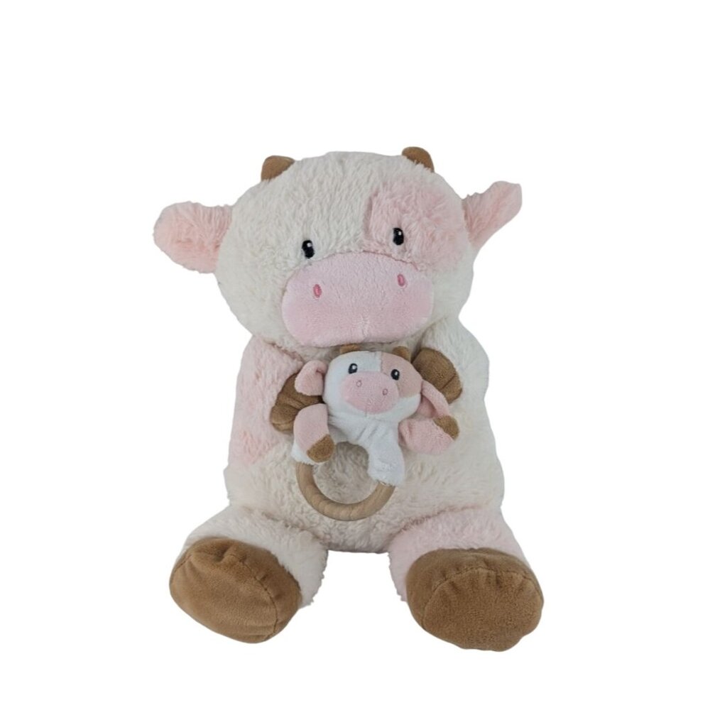 Animal Adventure‎ Cow Plush 14" White Pink Stuffed Animal Toy Rattle w/Teether